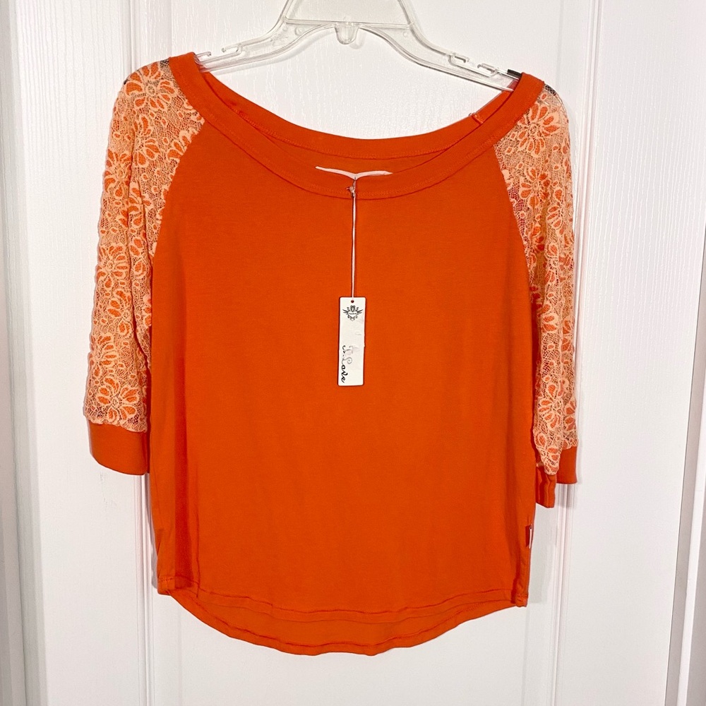 T2Love Floral Lace Sleeve Wide Neck Knit Top USA MADE Orange Girl’s 14